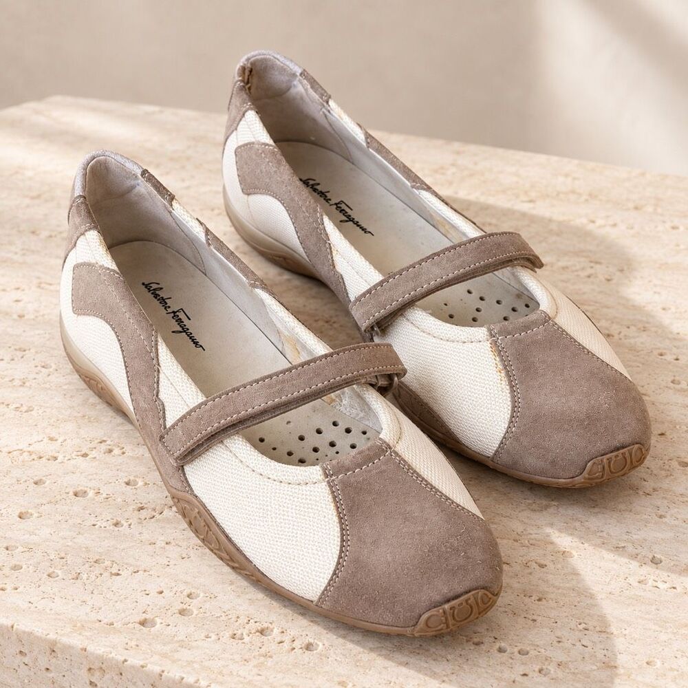 Salvatore Ferragamo sporty Suede Canvas Mary Jane Ballet Flats 9B Made in Italy,